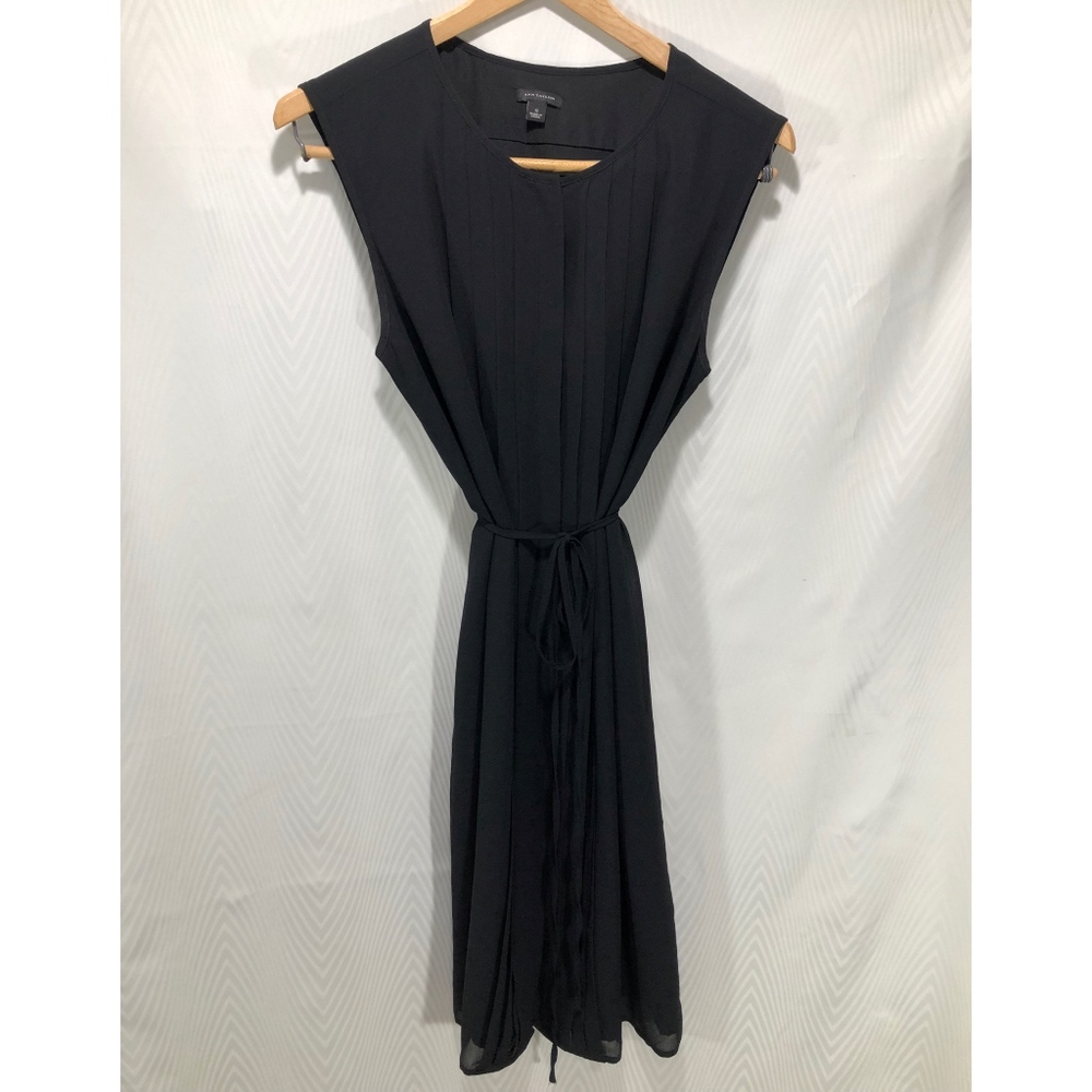 Ann Taylor Pleated Black Dress with Tie at Waist.